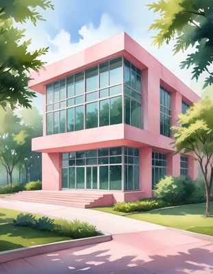 Pink building with large windows