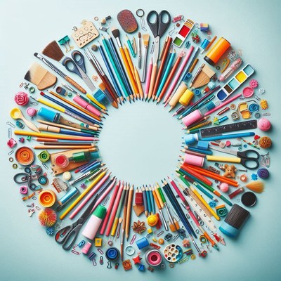 Colorful art supplies circle on blue