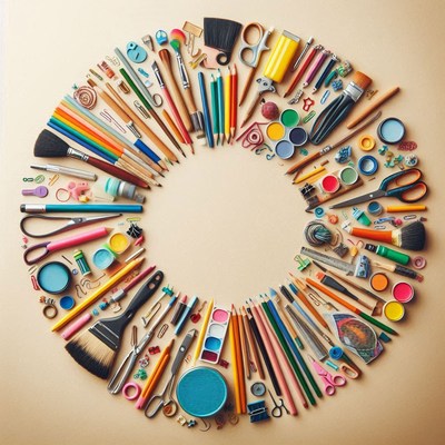 Colorful art supplies circle