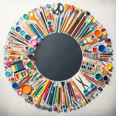 Colorful art supplies circle