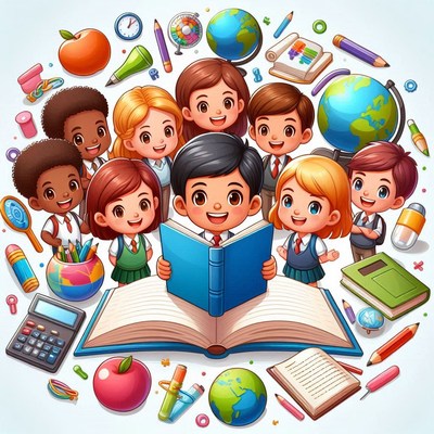 Children surrounded by school supplies reading a book