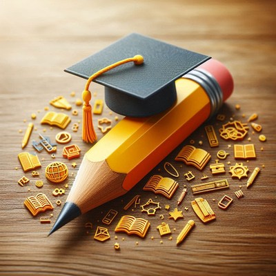 Graduation cap on pencil with school supplies