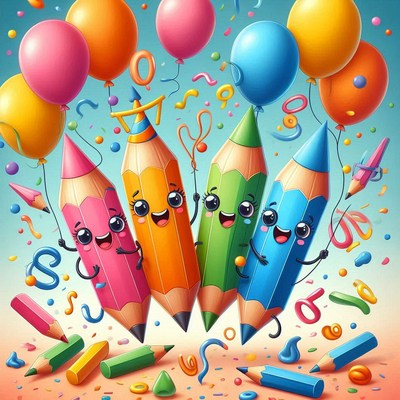 Colorful pencils celebrate with balloons