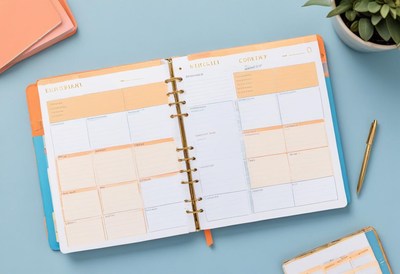 Open weekly planner with gold rings