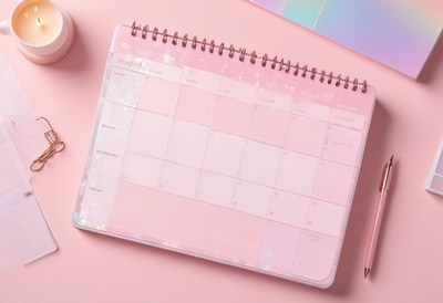 August monthly planner on pink desk