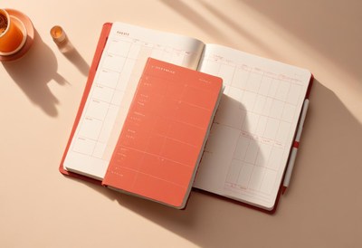 Orange planner open on desk