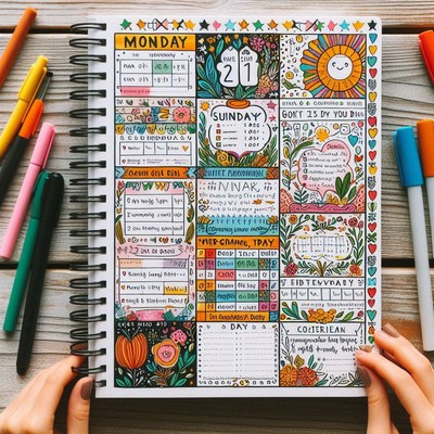 Colorful weekly planner with floral designs