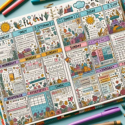 Colorful weekly planner with floral decorations