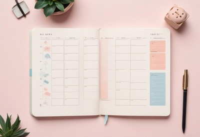 Open weekly planner on pink desk