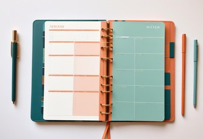 Open weekly planner with pens