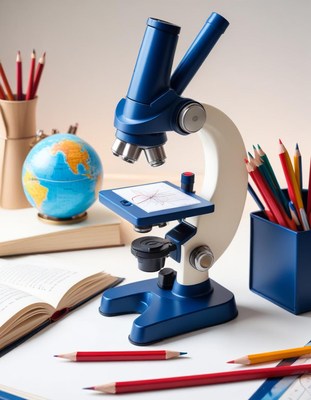 Microscope and school supplies on desk