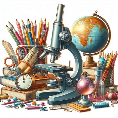 School supplies and microscope