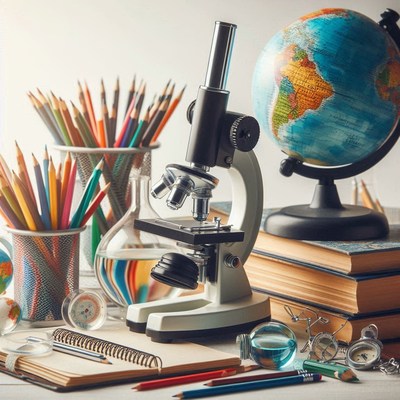 Microscope and globe on a desk