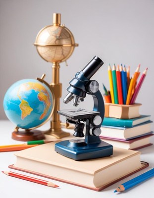 Microscope, globes, and books on desk