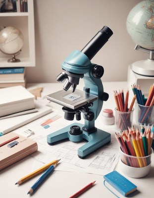 Blue microscope on desk with pencils