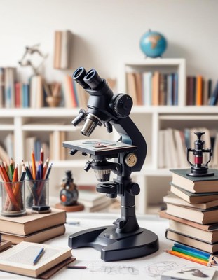 Microscope on desk with books