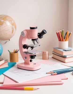 Pink microscope on desk
