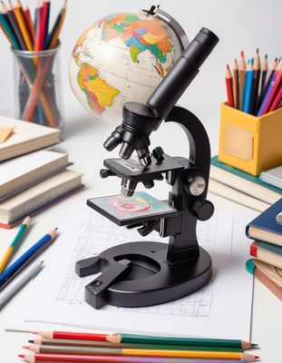 Microscope and globe on desk