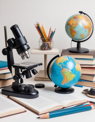 Microscope, globe, and books on white table