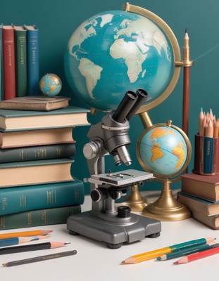 Microscope and globes on bookshelf