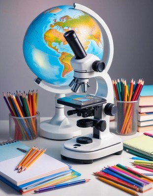 Microscope, globe, and pencils on desk