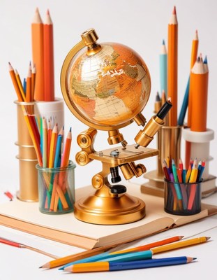Gold globe and microscope with pencils