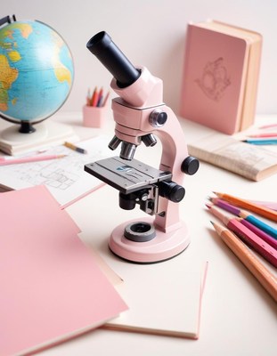 Pink microscope on desk