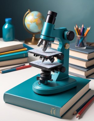 Blue microscope on stack of books