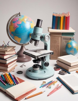 Blue microscope and globe on desk