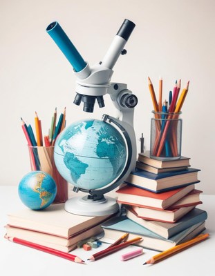 Microscope, globe, and books on desk