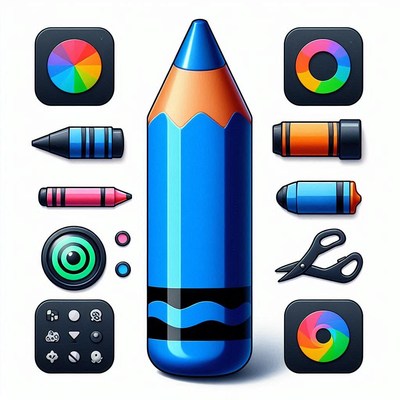 Blue crayon and art supplies icon set