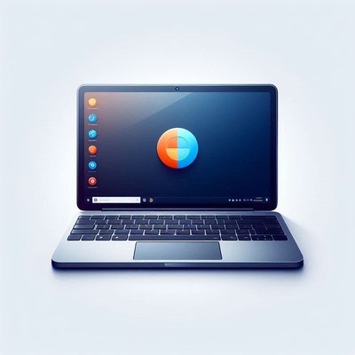 Laptop with blue and orange circle logo