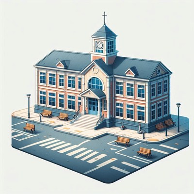 School building with street and benches