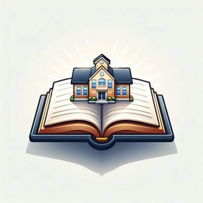 Schoolhouse emerging from open book