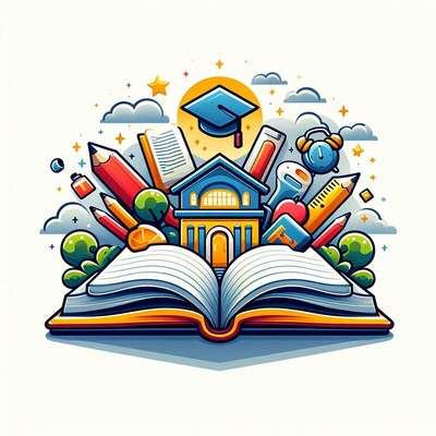 Open book with school supplies and building