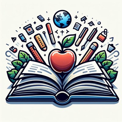 Open book with apple and school supplies