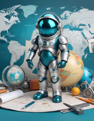 Astronaut standing on a world map