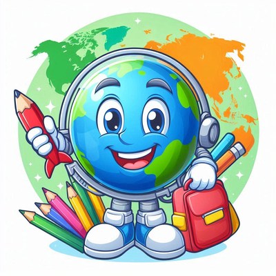 Globe character holding pencils and backpack