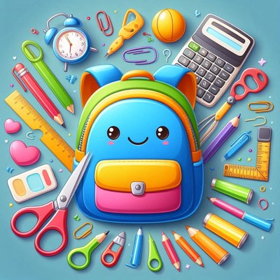 Cartoon backpack surrounded by school supplies