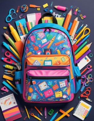 Colorful backpack filled with school supplies