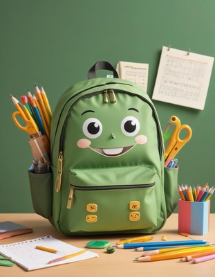 Green backpack with smiling face on table
