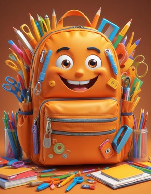 Happy orange backpack full of supplies