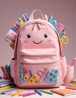 Pink backpack filled with school supplies