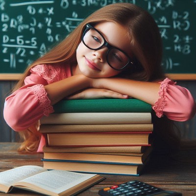 Girl resting on books in classroom