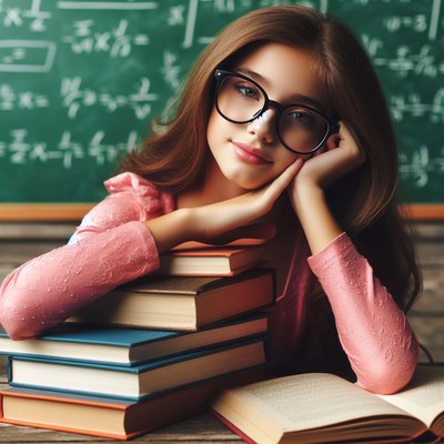 Girl leaning on books in classroom