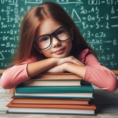 Girl studying with books in classroom