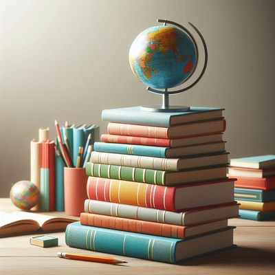 Globe and books on wooden table