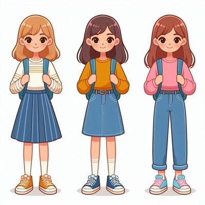 Three girls wearing backpacks and casual outfits