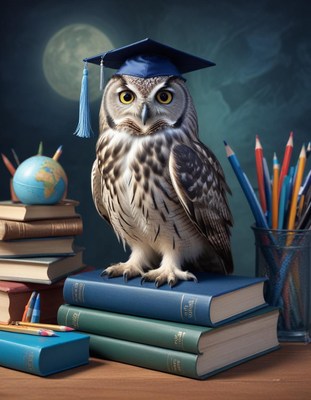 Owl graduate with books