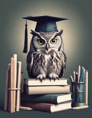 Owl graduate with books and pencils